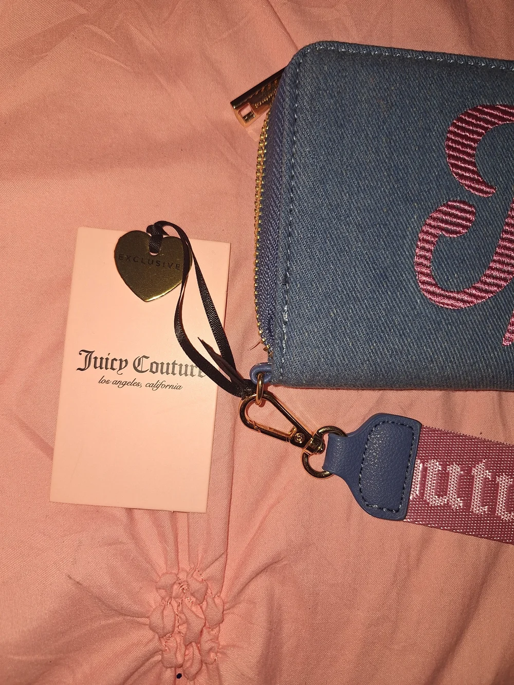 EXCLUSIVE Juicy Couture Blue Denim Zip Wallet with Pink Logo Strap